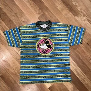 VTG Disney Wear Mickey Sport Striped Shirt Knit Collar Single Stitch Retro 90’s